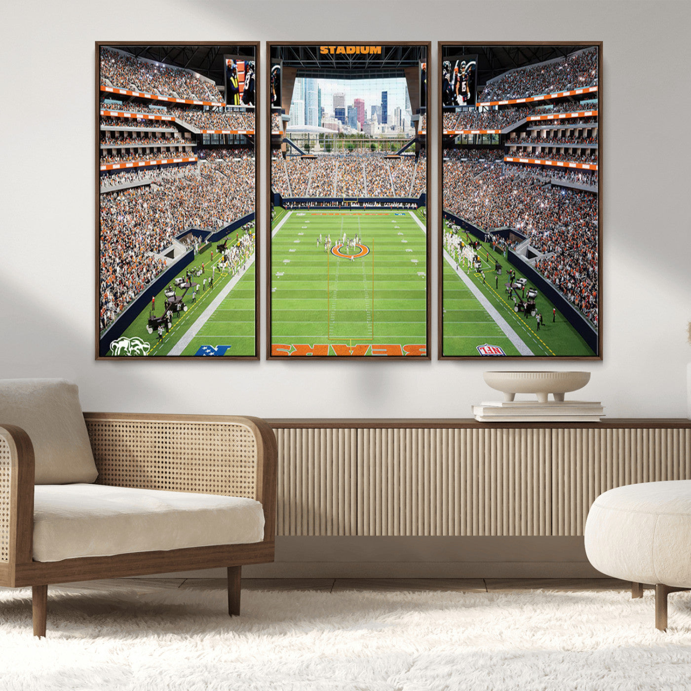 76935553-MGV-FC-48X32-3P_Walnut-Football Stadium Wall Art – Panoramic Game Day Canvas Print, Sports Decor for Man Cave, Office, Bar, or Living Room