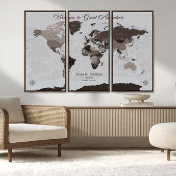 43749658-MGV-CV-36X24-Welcome to Great Adventure World Map Wall Art – Charcoal Gray Canvas Print, Rustic Travel Decor for Living Room, Study, Office or