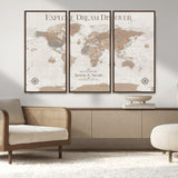 63516865-MGV-FC-48X32-3P_Walnut-Explore Dream Discover World Map Wall Art – Inspirational Travel Adventure Canvas Print, Neutral Parchment Style Explorer Decor