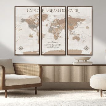 63516865-MGV-FC-48X32-3P_Walnut-Explore Dream Discover World Map Wall Art – Inspirational Travel Adventure Canvas Print, Neutral Parchment Style Explorer Decor