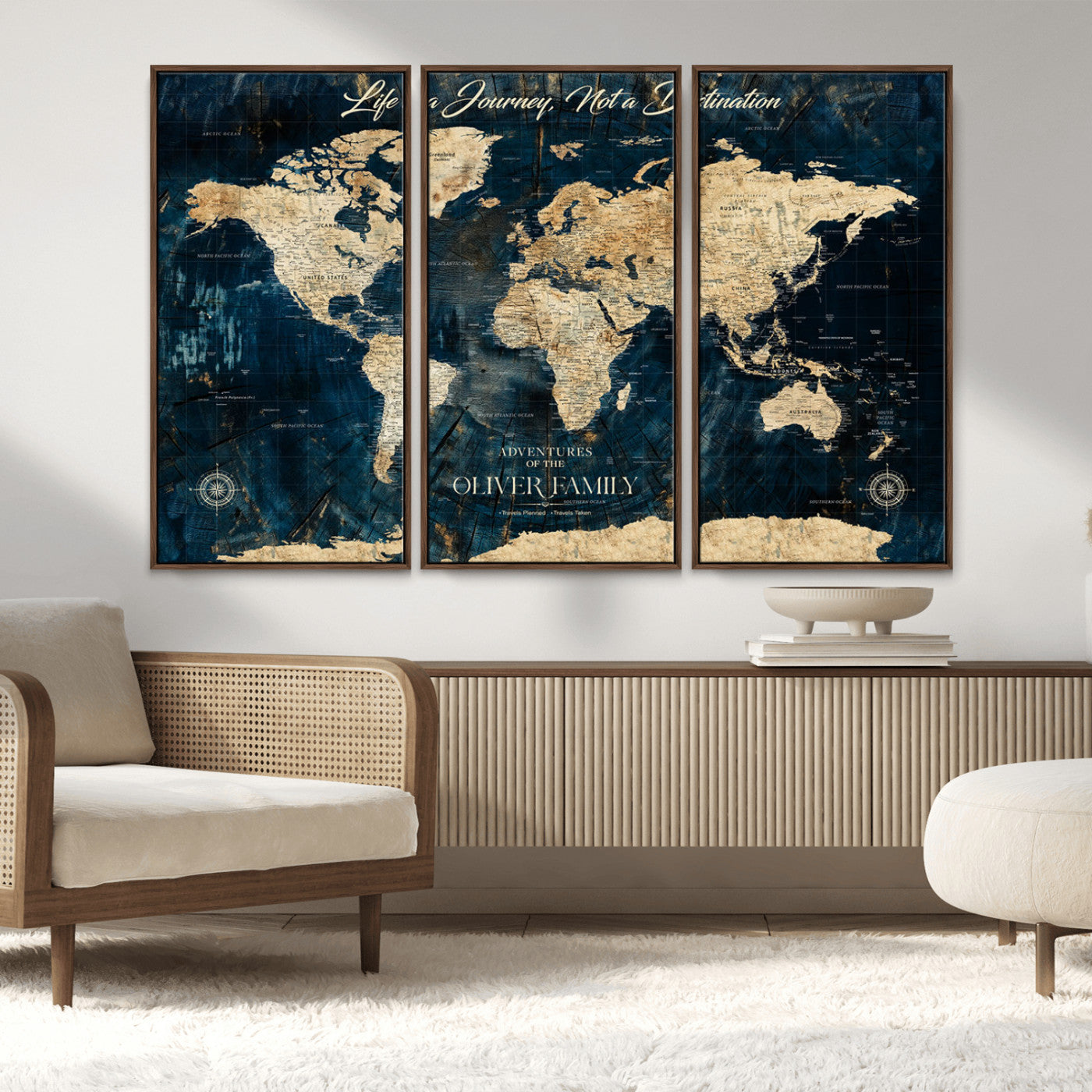 36970886-MGV-CV-36X24-Life is a Journey Not a Destination World Map Rustic Navy Beige Vintage Travel Wall Art Adventure Quote Canvas Print for Home