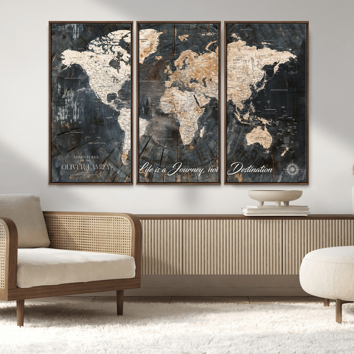 37848568-MGV-FC-48X32-3P_Walnut-Life is a Journey Not a Destination World Map Rustic Wood Texture Vintage Beige Navy Adventure Wall Art Canvas Print for Home