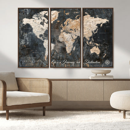 37848568-MGV-FC-48X32-3P_Walnut-Life is a Journey Not a Destination World Map Rustic Wood Texture Vintage Beige Navy Adventure Wall Art Canvas Print for Home