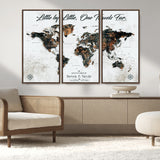 88337180-MGV-FC-48X32-3P_Walnut-Little by Little One Travels Far Tolkien Quote World Map Rustic Black Brown Adventure Wall Art Canvas Print for Home Office Living