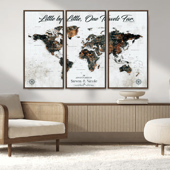 88337180-MGV-FC-48X32-3P_Walnut-Little by Little One Travels Far Tolkien Quote World Map Rustic Black Brown Adventure Wall Art Canvas Print for Home Office Living