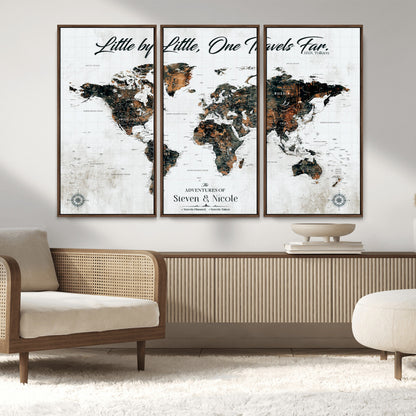 88337180-MGV-FC-48X32-3P_Walnut-Little by Little One Travels Far Tolkien Quote World Map Rustic Black Brown Adventure Wall Art Canvas Print for Home Office Living