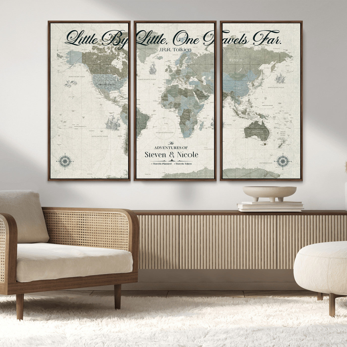 10693204-MGV-CV-36X24-Little By Little One Travels Far Tolkien Quote Blue Green World Map Adventure Wall Art Canvas Print Rustic Wanderlust Travel Decor