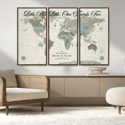 10693204-MGV-CV-36X24-Little By Little One Travels Far Tolkien Quote Blue Green World Map Adventure Wall Art Canvas Print Rustic Wanderlust Travel Decor