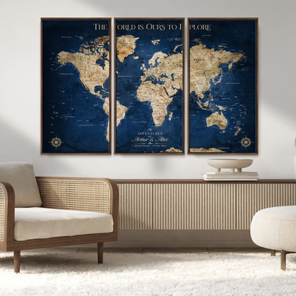 54782997-MGV-FC-48X32-3P_Walnut-The World is Ours to Explore Wall Art – Blue World Map Canvas Print, Adventure Travel Decor for Home, Office or Living Room,