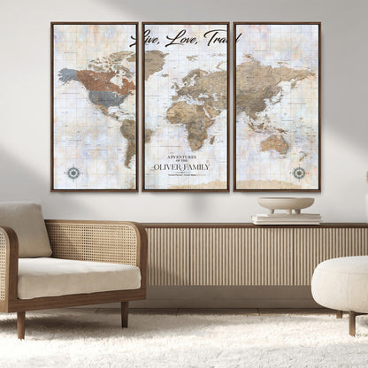 43924907-MGV-FC-48X32-3P_Walnut-Live Love Travel Wall Art – Neutral World Map Canvas Print, Rustic Adventure Decor for Home, Office or Living Room, Unique Gift