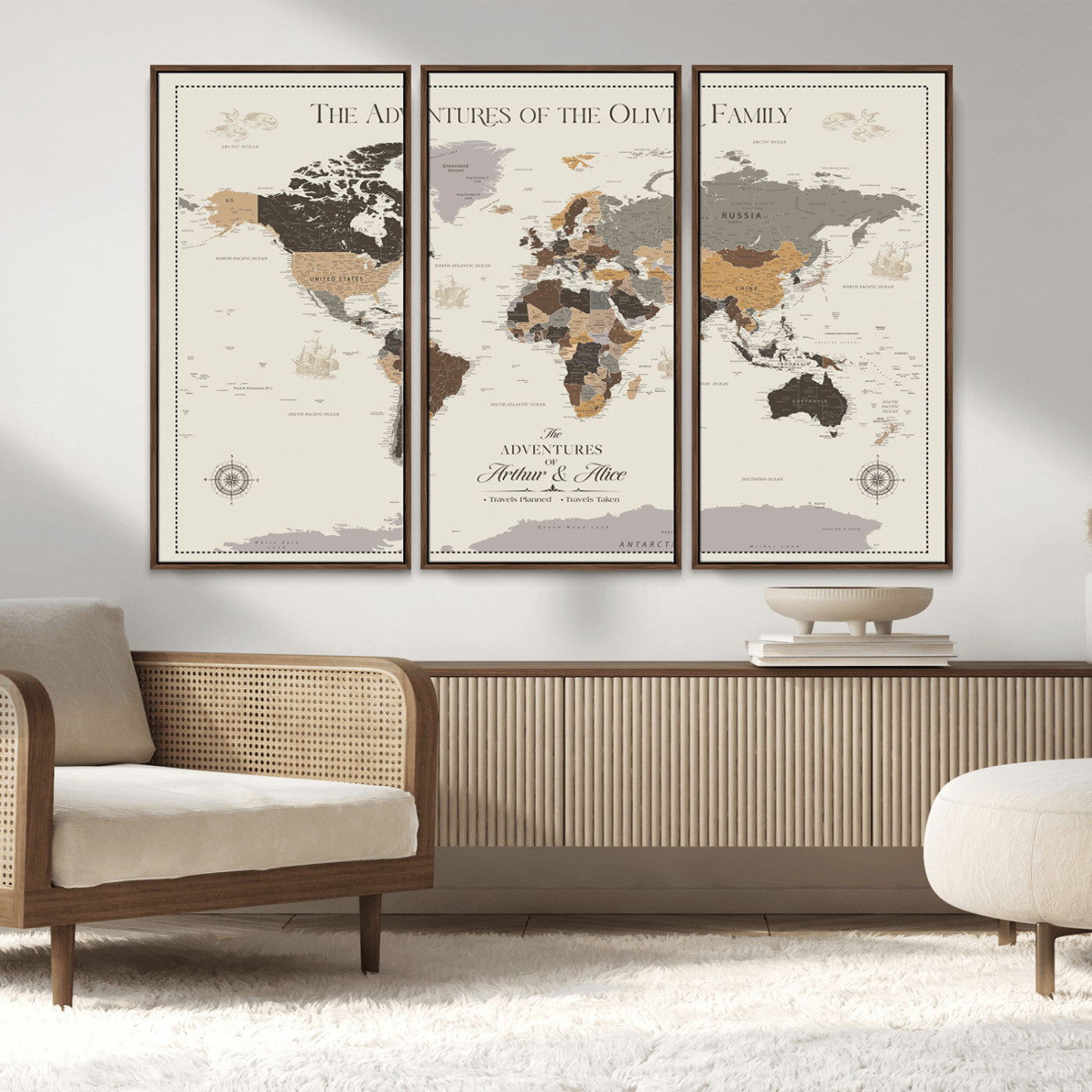 38723540-MGV-CV-36X24-Adventures of the Oliver Family Wall Art – Earth Tone World Map Canvas Print, Minimalist Travel Decor for Living Room, Bedroom or