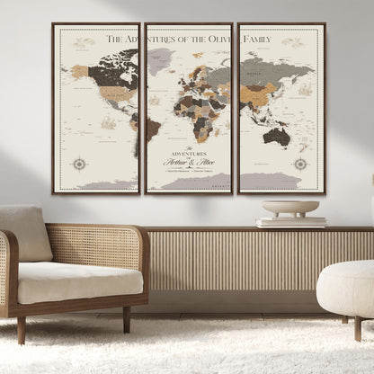 38723540-MGV-CV-36X24-Adventures of the Oliver Family Wall Art – Earth Tone World Map Canvas Print, Minimalist Travel Decor for Living Room, Bedroom or