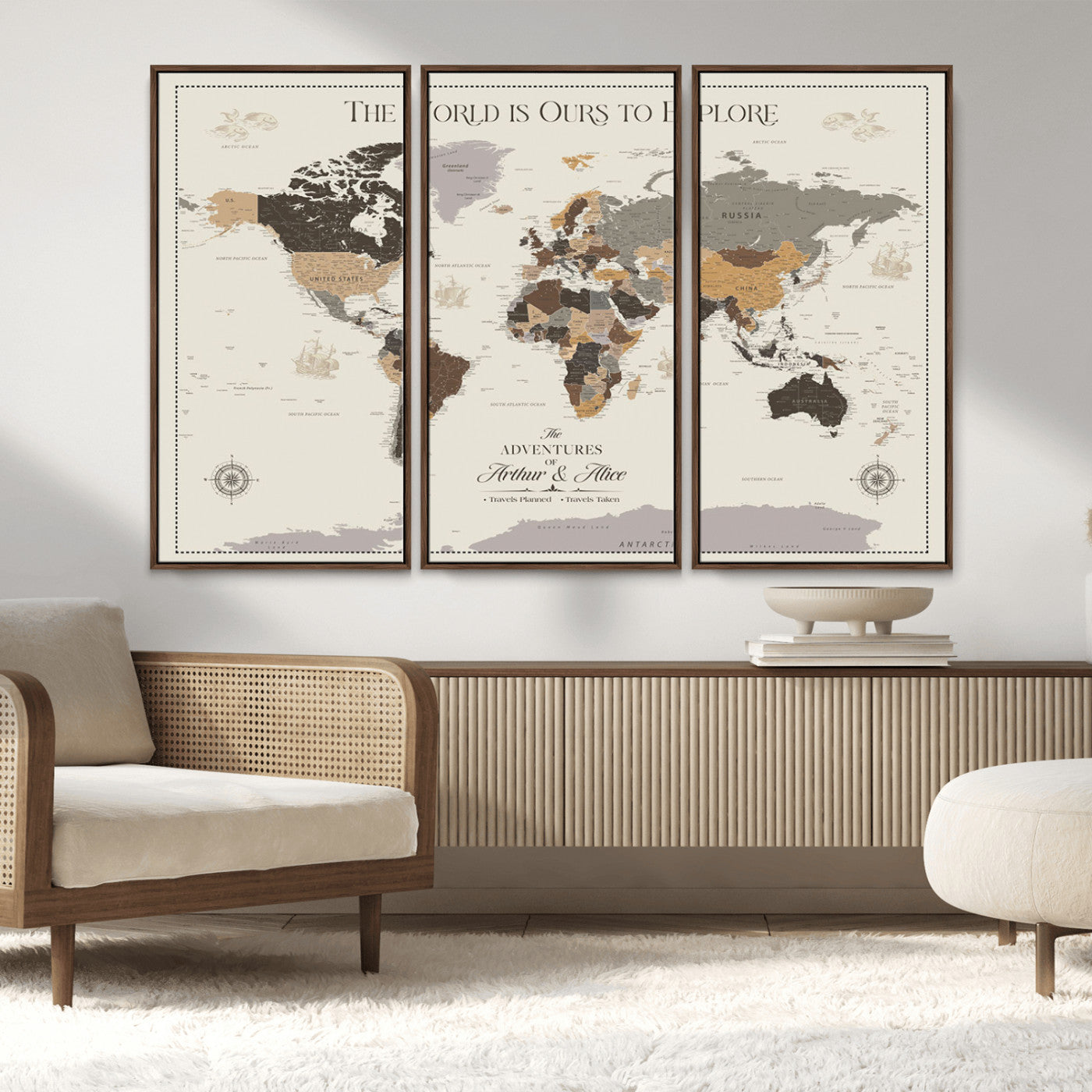 90024882-MGV-CV-36X24-The World is Ours to Explore Wall Art – Earth Tone World Map Canvas Print, Adventure Travel Decor for Living Room, Office or
