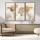 99422096-MGV-FC-48X32-3P_Walnut-Adventure Awaits World Map Wall Art – Neutral Beige Canvas Print, Modern Travel Inspired Wall Decor for Living Room, Bedroom or