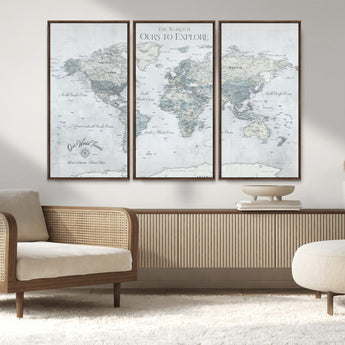 94249974-MGV-CV-36X24-Ours Explore World Map Wall Art – Modern Travel Canvas Print, Neutral Adventure Decor for Living Room, Office, Study, Bedroom,