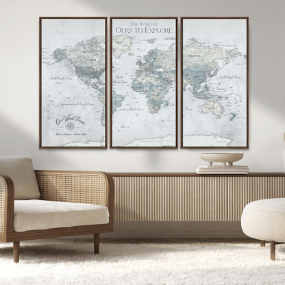 94249974-MGV-CV-36X24-Ours Explore World Map Wall Art – Modern Travel Canvas Print, Neutral Adventure Decor for Living Room, Office, Study, Bedroom,