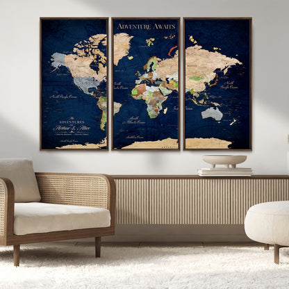 43160428-MGV-FC-48X32-3P_Walnut-Adventure Awaits Navy Blue World Map – Vibrant Travel Canvas Wall Art, Antique Atlas Print, Wanderlust Decor for Home Office