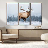 85177251-MGV-FC-48X32-3P_Walnut-Elk Wall Art – Majestic Wildlife Canvas Print of Bull Elk Snowy Forest, Rustic Nature Decor for Living Room, Cabin, or Office