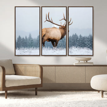 85177251-MGV-FC-48X32-3P_Walnut-Elk Wall Art – Majestic Wildlife Canvas Print of Bull Elk Snowy Forest, Rustic Nature Decor for Living Room, Cabin, or Office