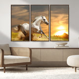 44295212-MGV-CV-36X24-Horse Wall Art – Running White Stallion Canvas Print with Sunset Background, Western Wildlife Decor for Living Room, Office, or