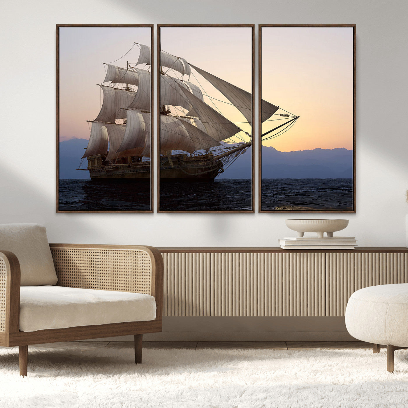 31270610-MGV-FC-48X32-3P_Walnut-Sailing Ship Wall Art – Sunset Seascape Canvas Print with Tall Ship at Sea, Nautical Ocean Decor for Living Room, Office, or