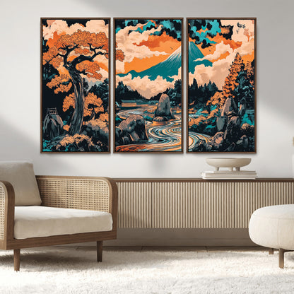 21638941-MGV-FC-48X32-3P_Walnut-Japanese Landscape Wall Art – Mount Fuji and Flowing River Ukiyo-e Style Canvas Print, Traditional Japan Inspired Artwork for