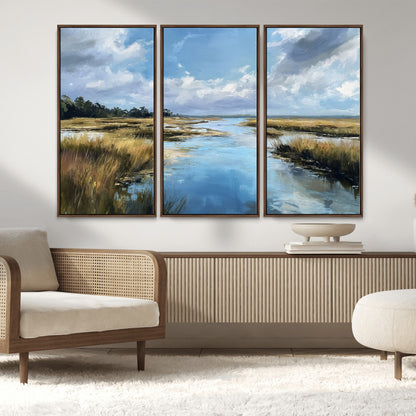 87082041-MGV-CV-36X24-Painted Marshland Canvas Wall Art – Serene Water Reflection, Blue Sky, Golden Grass Landscape, Calm Nature Decor for Home, Office,