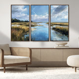87082041-MGV-FC-48X32-3P_Walnut-Marshland Landscape Wall Art – Serene Nature Canvas Print with Blue Sky and Reflections, Tranquil Scenic Painting for Living Room,