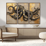 57944271-MGV-FC-48X32-3P_Walnut-Octopus Wall Art – Black and Gold Nautical Canvas Print, Modern Ocean Inspired Artwork with Elegant Detailing, Coastal Marine