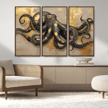 57944271-MGV-FC-48X32-3P_Walnut-Octopus Wall Art – Black and Gold Nautical Canvas Print, Modern Ocean Inspired Artwork with Elegant Detailing, Coastal Marine
