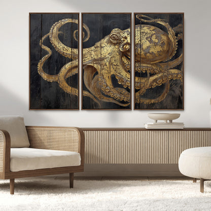 47056538-MGV-CV-36X24-Octopus Wall Art – Gold Nautical Canvas Print with Rustic Wood Texture, Marine Creature Artwork for Coastal Ocean Decoration in