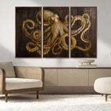 56769669-MGV-FC-48X32-3P_Walnut-Octopus Wall Art – Gold Nautical Canvas Print with Rustic Wood Panel Design, Detailed Marine Artwork for Coastal Ocean Decoration
