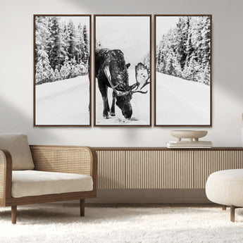 38956835-MGV-CV-36X24-Moose Winter Snowy Forest Canvas Wall Art – Wildlife Nature, Antlers in Frozen Landscape, Quiet Path, Cold Season Outdoors Print