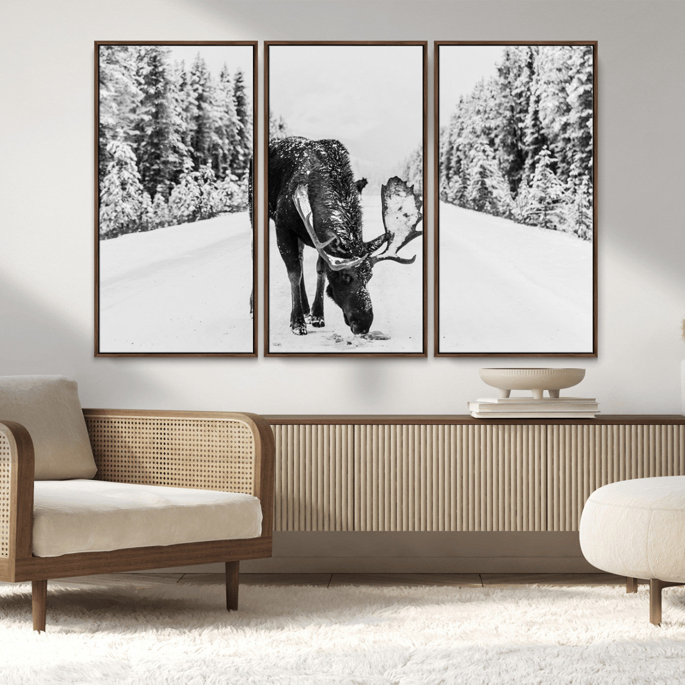 38956835-MGV-CV-36X24-Moose Wall Art – Black and White Wildlife Canvas Print with Snowy Forest Road, Rustic Nature Photography for Cabin, Lodge, Living
