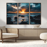 66040852-MGV-CV-36X24-Ocean Sunset Canvas Wall Art – Rocky Shore Waves, Dramatic Clouds, Golden Sun Rays, Coastal Nature, Serene Water Reflection for