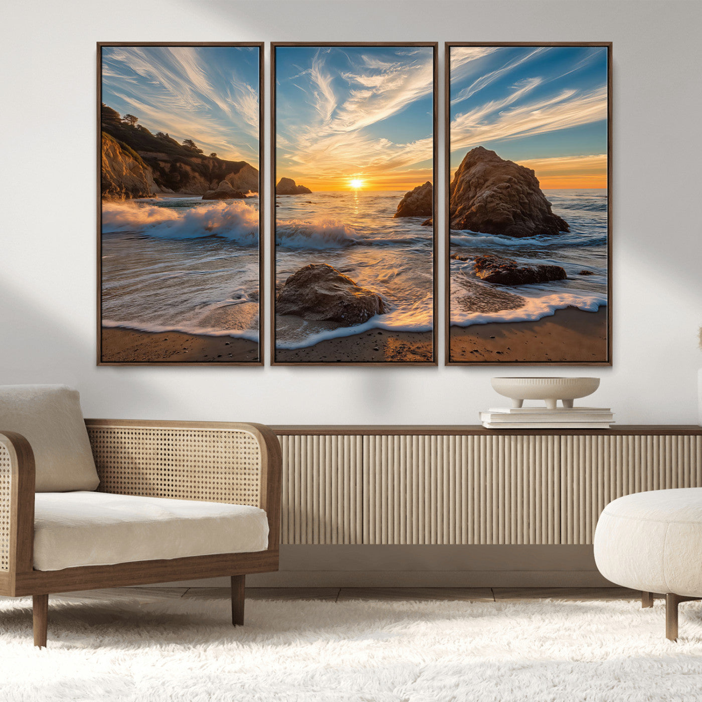 85659923-MGV-CV-36X24-Ocean Sunset Wall Art – Dramatic Seascape Canvas Print with Cliffs, Crashing Waves and Golden Sky, Bold Coastal Photography for