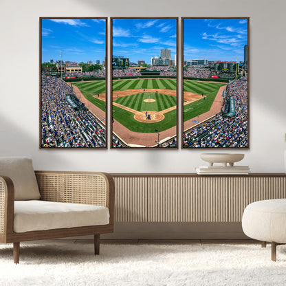 56213978-MGV-CV-36X24-Baseball Stadium Wall Art – Panoramic Ballpark Canvas Print with Fans, Green Field and City Skyline, Classic Sports Photography