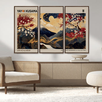 66892669-MGV-FC-48X32-3P_Walnut-Japanese Landscape Wall Art – Mount Fuji Canvas Print with Cherry Blossoms and Golden Waves, Traditional Asian Inspired Artwork