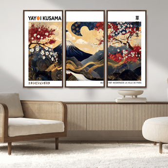 28945903-MGV-FC-48X32-3P_Walnut-Japanese Wall Art – Mount Fuji Canvas Print with Cherry Blossoms and Golden Wave Motifs, Traditional Asian Inspired Artwork for