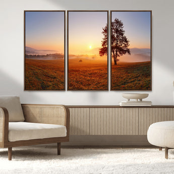 57919623-MGV-FC-48X32-3P_Walnut-Sunrise Landscape Wall Art – Golden Morning Canvas Print with Tree, Misty Hills and Open Field, Peaceful Nature Photography for