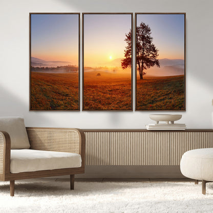 57919623-MGV-FC-48X32-3P_Walnut-Sunrise Landscape Wall Art – Golden Morning Canvas Print with Tree, Misty Hills and Open Field, Peaceful Nature Photography for