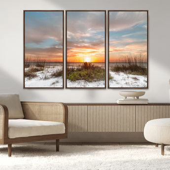 58266230-MGV-FC-48X32-3P_Walnut-Beach Sunset Wall Art – Coastal Canvas Print with Sandy Dunes, Sea Grass and Golden Sky, Serene Ocean Landscape Photography for