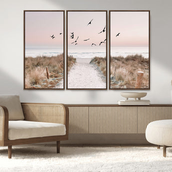 34632598-MGV-CV-36X24-Coastal Pathway Canvas Wall Art – Framed Seaside Landscape, Large Beach and Birds Canvas Print for Home, Office, or Living Room