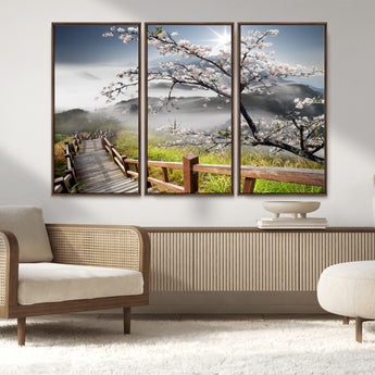 34632598CRY-MGV-FC-48X32-3P_Walnut-Cherry Blossom Wall Art – Scenic Asian Landscape Canvas Print with Wooden Walkway, Misty Mountains and Sunrise, Serene Nature