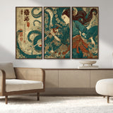 46837670-MGV-CV-36X24-Tsukioka Yoshitoshi Samurai Wall Art Print, Japanese Katana Warrior Canvas Wall Art, Octopus Sea Monster Canvas Print,