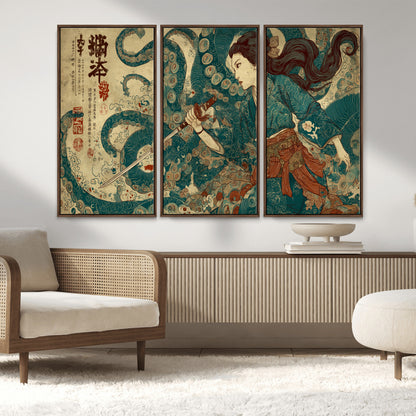 46837670-MGV-CV-36X24-Tsukioka Yoshitoshi Samurai Wall Art Print, Japanese Katana Warrior Canvas Wall Art, Octopus Sea Monster Canvas Print,