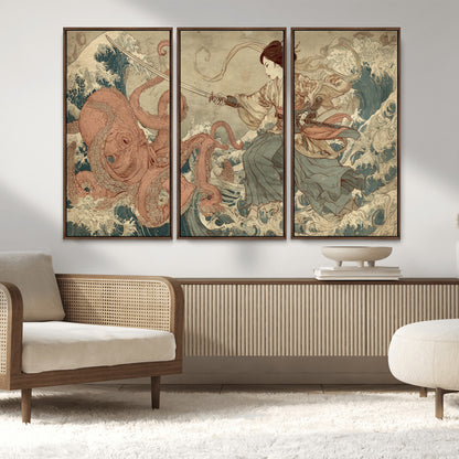 54879547-MGV-FC-48X32-3P_Walnut-Samurai Woman Wall Art – Japanese Ukiyo-e Style Canvas Print with Katana and Octopus, Traditional Asian Inspired Battle Artwork