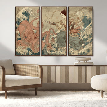54879547-MGV-CV-36X24-Tsukioka Yoshitoshi Samurai Wall Art Print, Japanese Katana Warrior Canvas Wall Art, Octopus Sea Monster Canvas Print,
