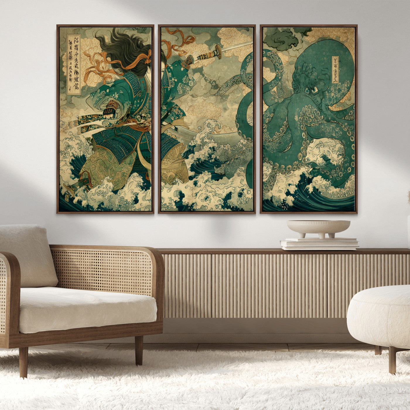 24416422-MGV-CV-36X24-Tsukioka Yoshitoshi Samurai Wall Art Print, Japanese Katana Warrior Canvas Wall Art, Octopus Sea Monster Canvas Print,