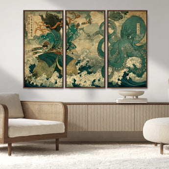 24416422-MGV-CV-36X24-Tsukioka Yoshitoshi Samurai Wall Art Print, Japanese Katana Warrior Canvas Wall Art, Octopus Sea Monster Canvas Print,